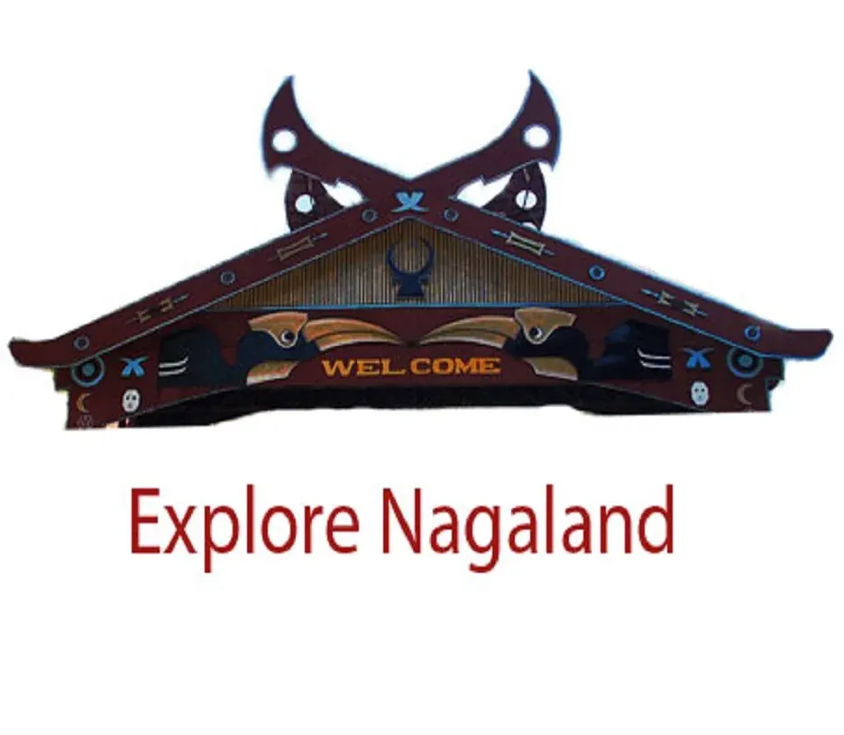 A carved traditional Naga village gate with the words Explore Nagaland
