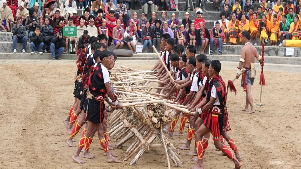 Naga warriors in traditional attire carrying a log at the Hornbill Festival