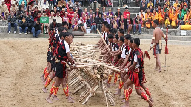 Naga warriors in traditional attire carrying a log at the Hornbill Festival